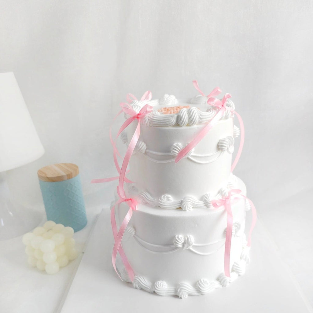 Minimalist Pink Ribbon White Two Tier Cake 5 Inch + 7 Inch - YippiiGift
