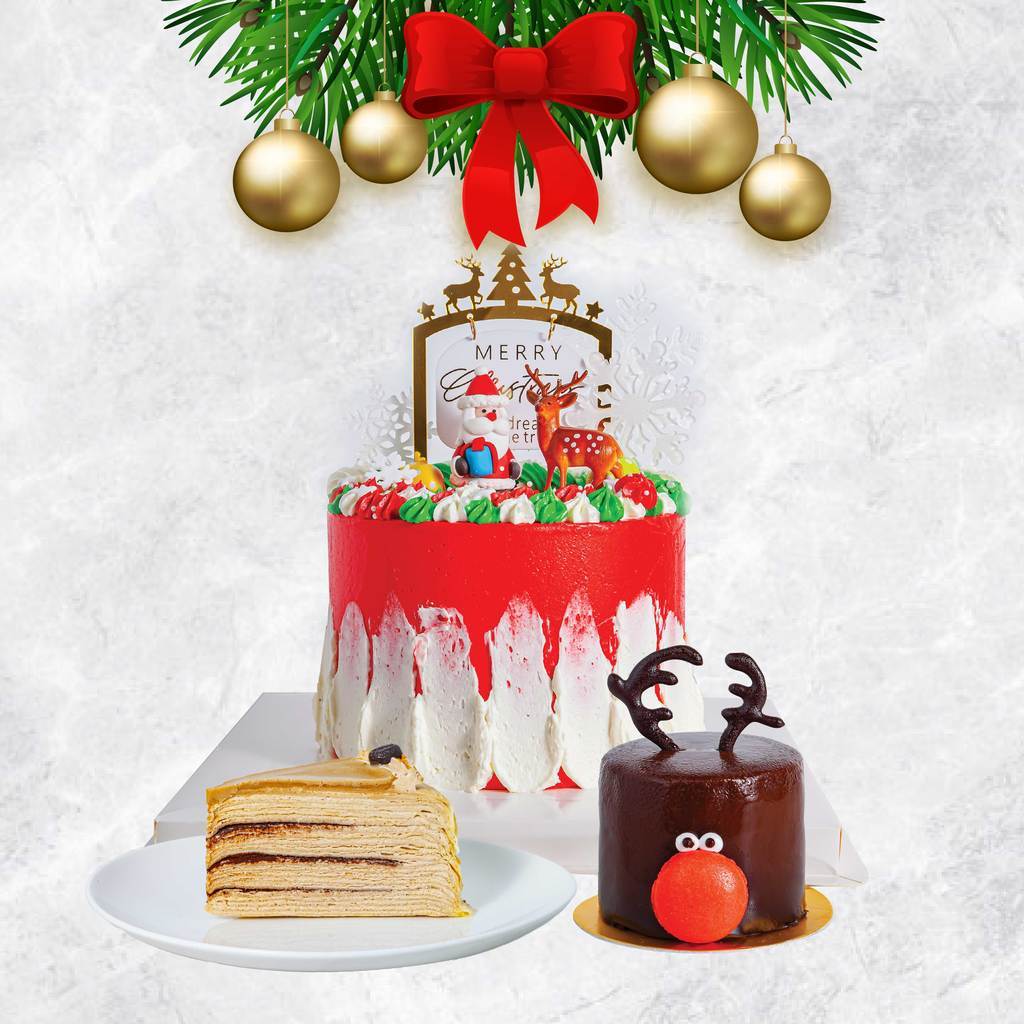 【🎄Christmas Jolly Combo☃️】 🌟 Merry Christmas *MILLE CREPE* Cake 6"🌟 Mini Reindeer Cake 🌟 1 Slice Classic Mille Crepe Cake
