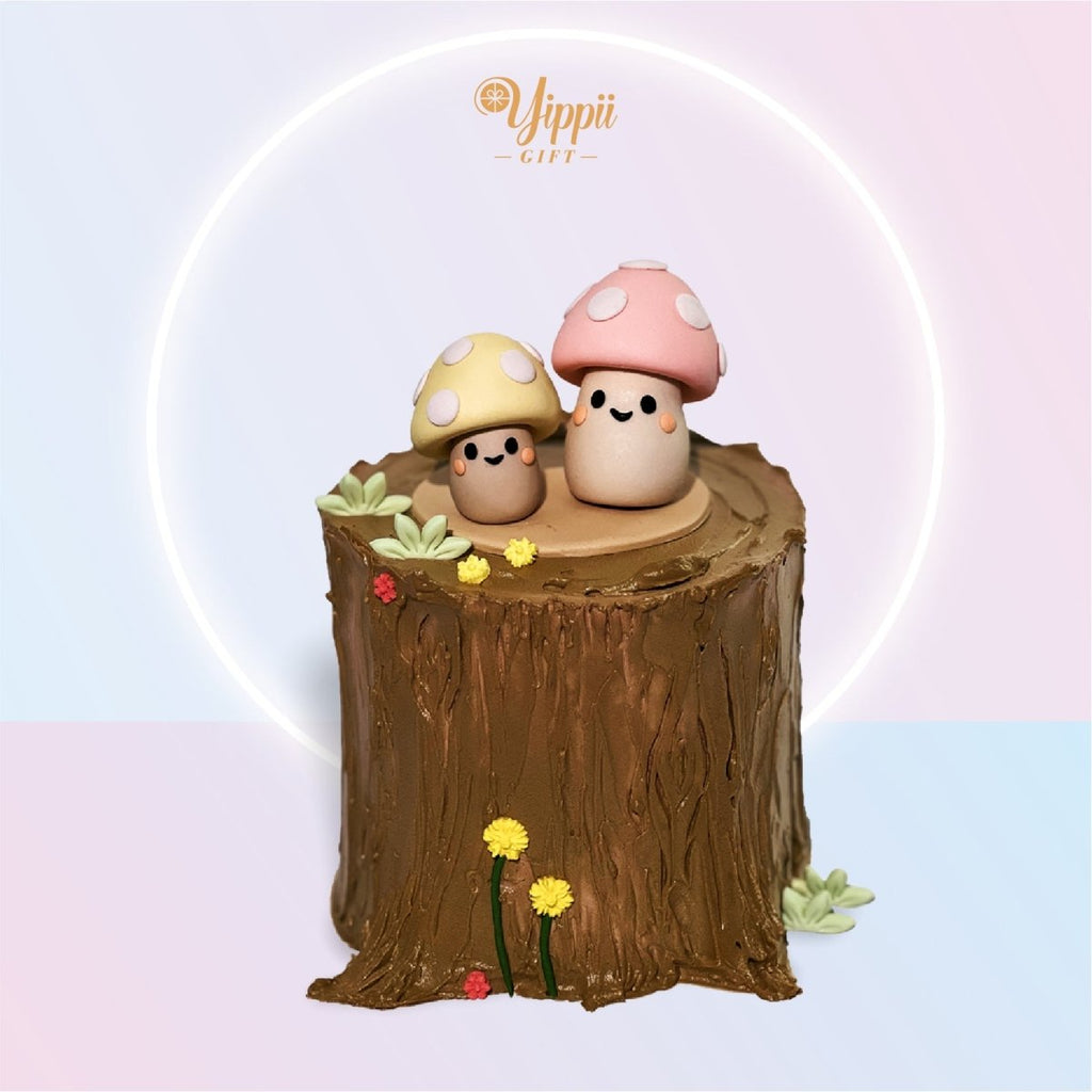 Tree Stump Mushrooms Cake 4 Inch (Fondant) - YippiiGift